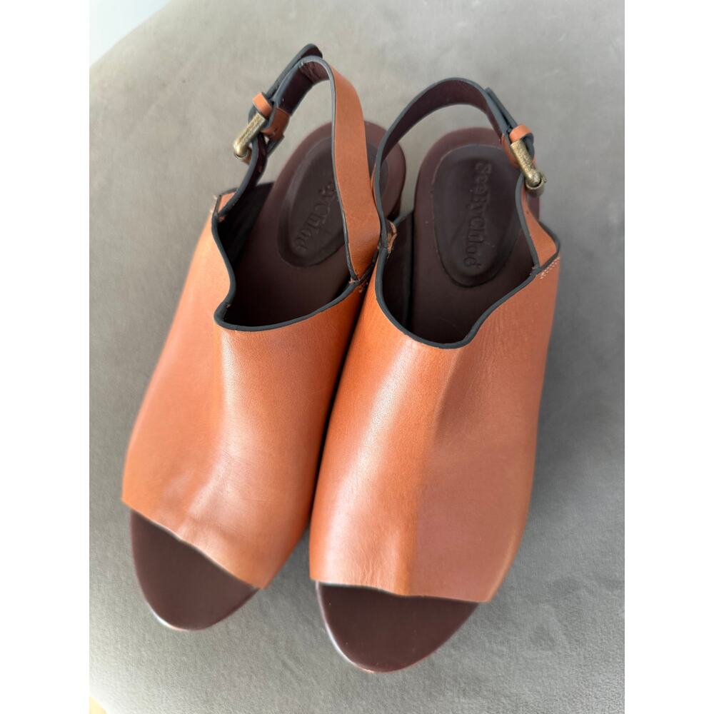 See by Chloé Martie Leather Slingback Wedge Sandals Tan Cognac Size 37/6.5